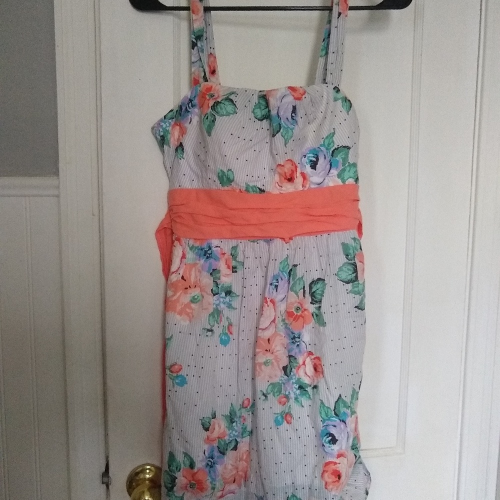 Beautiful floral and tiny vertical pinstripe dress
